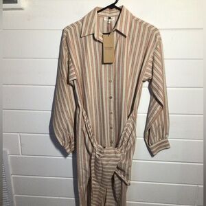 Striped Long-Sleeve Shirt Dress in Beige & Pink & Ivory by Parisienne et ators